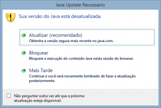 Janela de aviso para atualização do Java.