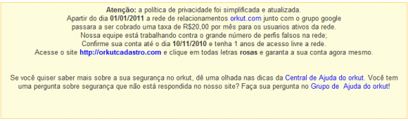 Mensagem do site fraudulento pede para usuário fazer recadastramento para o Orkut pago