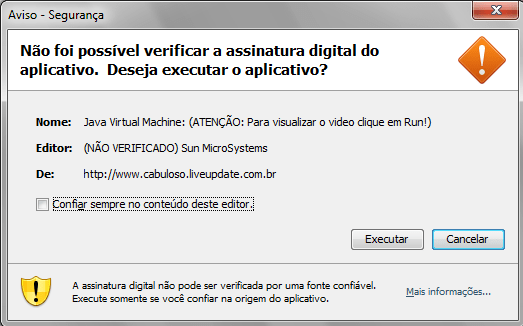 Mensagem de alerta do Java