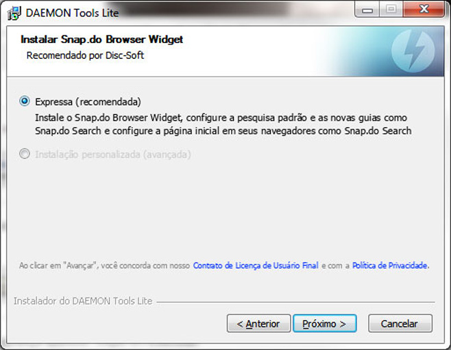 Opção de instalação personalizada está 'indisponível'.