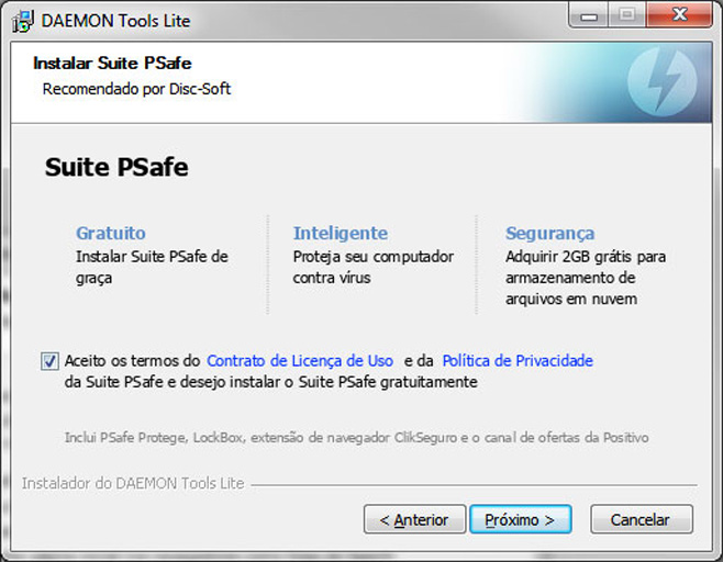 Antivírus brasileiro PSafe também é extra já marcado por padrão no instalador.