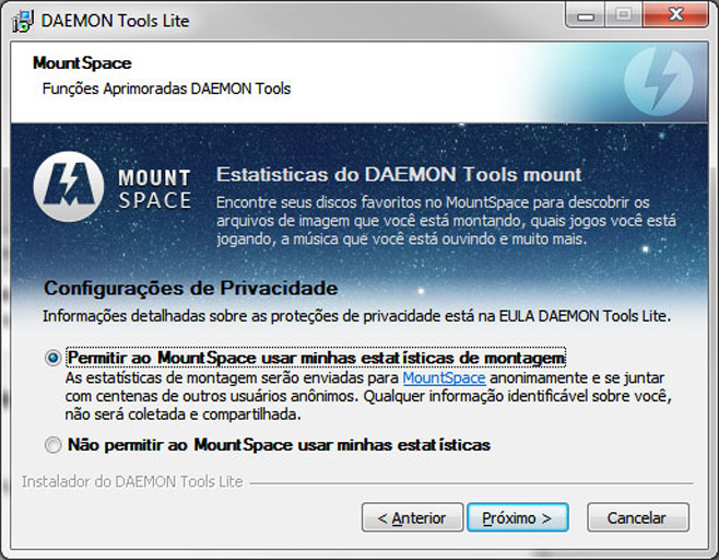 MountSpace coleta informações sobre os CDs e DVDs que você usar com o Daemon Tools.