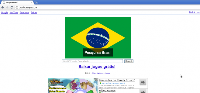 Página Brasil-pesquisa.pw, normalmente encontrada junto da infecção. (Foto: Reprodução)