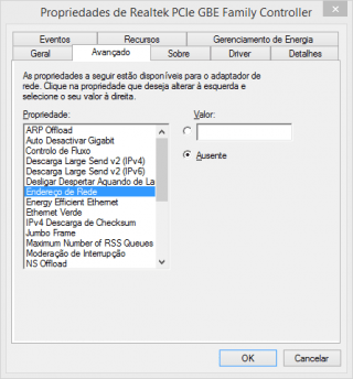 Janela para configurar endereço MAC no Windows.