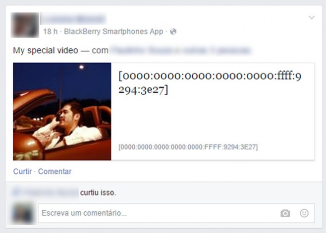 Publicação no Facebook com endereço IPv6 'fajuto'.