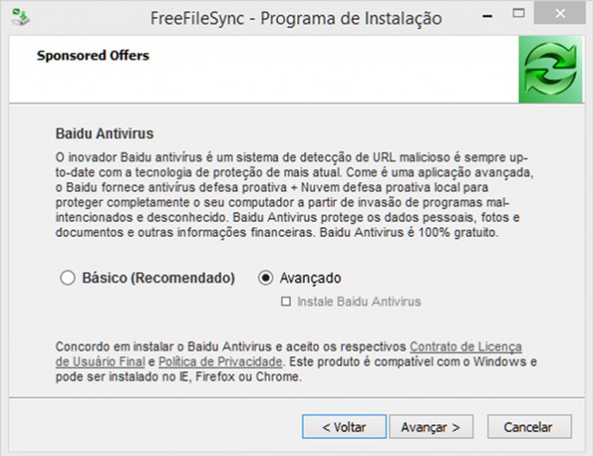 Instalação patrocinada do Baidu precisa de dois cliques para ser cancelada.