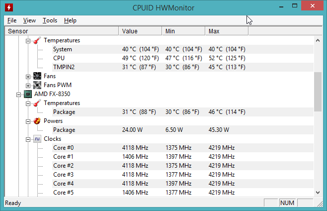 Hardware Monitor, com temperatura do soquete ("CPU") e núcleo ("Package") de AMD FX-8350.